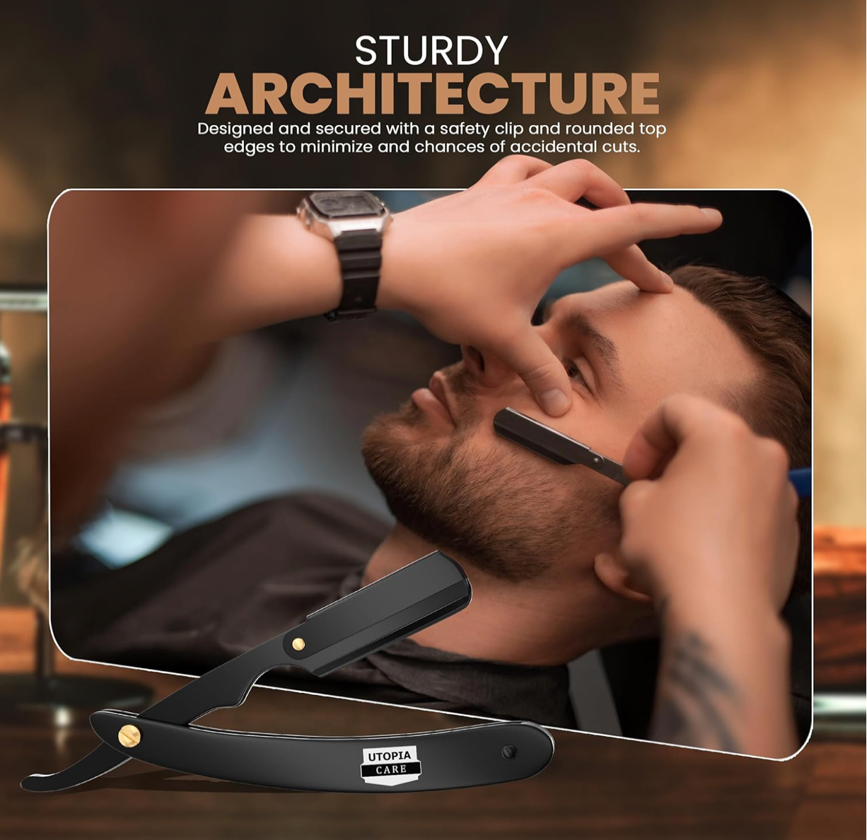 Barber Straight Edge Razor Safety with 100 Pack Blades, Black