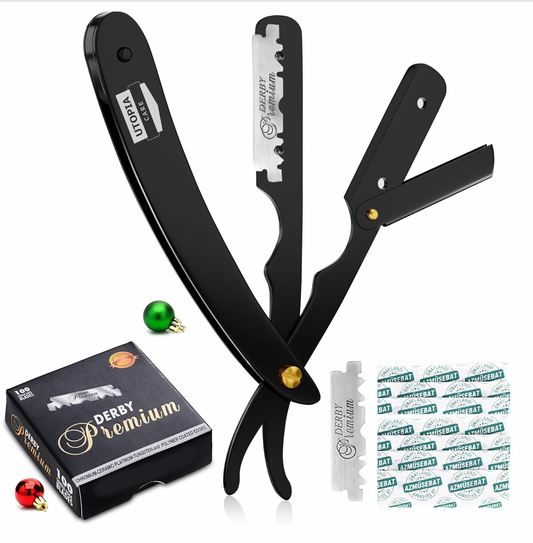 Barber Straight Edge Razor Safety with 100 Pack Blades, Black